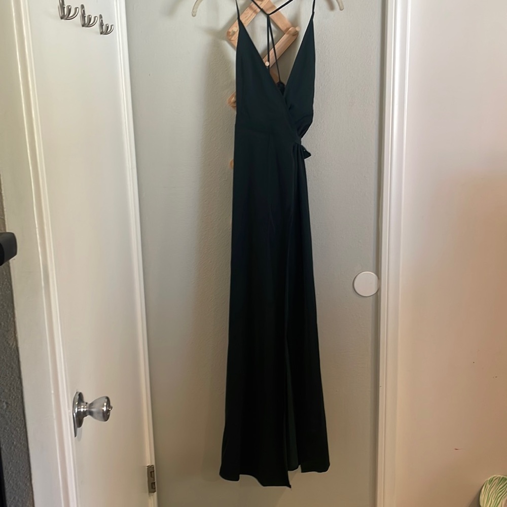 Emerald green satin wrap maxi